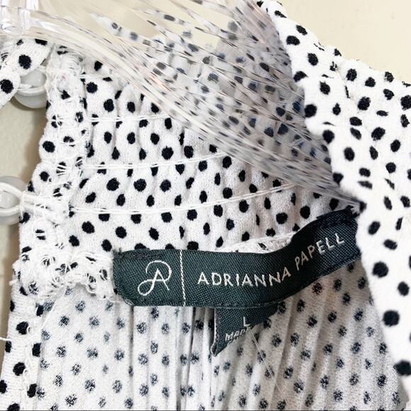 Adrianna Papell Accordion Pleats Sleeveless Smock Neck White/Black Polka Dot Top - Picture 4 of 9